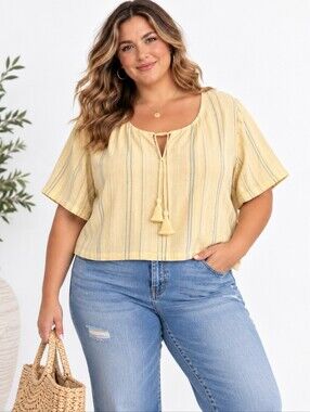 Universal Thread Linen Blend Tie-Front Peasant Shirt Size 4X Yellow Short Sleeve